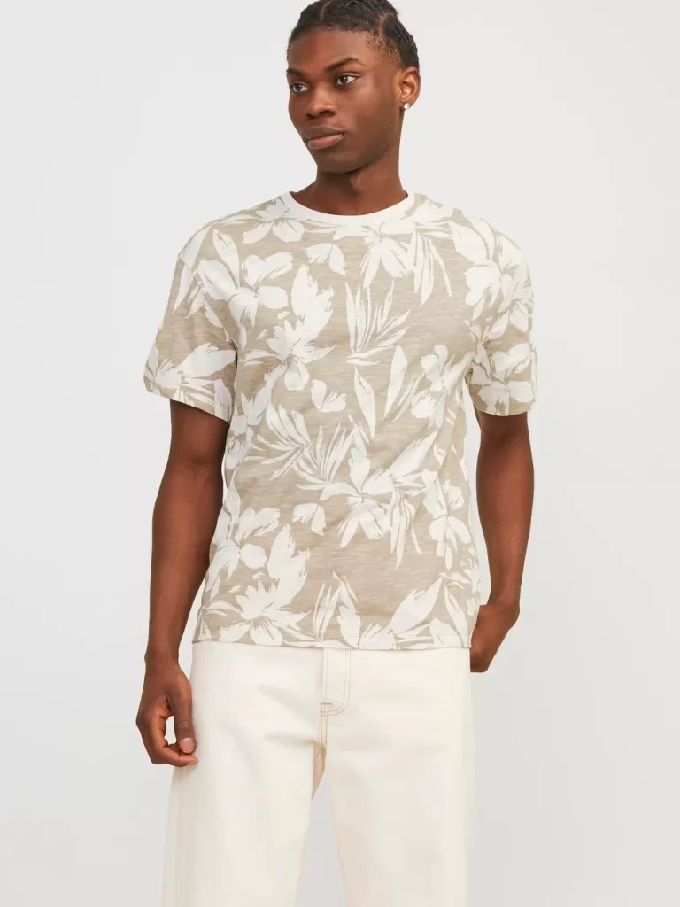 JACK & JONES Koszulki^All Over Print Okrągły dekolt T-shirt Beżowy