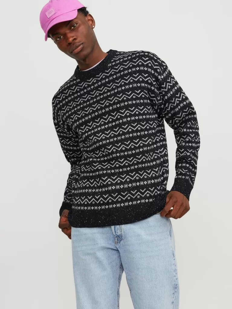 JACK & JONES Swetry^All Over Print Sweter wkładany przez głowę Czarny