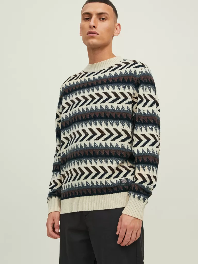 JACK & JONES Swetry^All Over Print Sweter wkładany przez głowę Brązowy