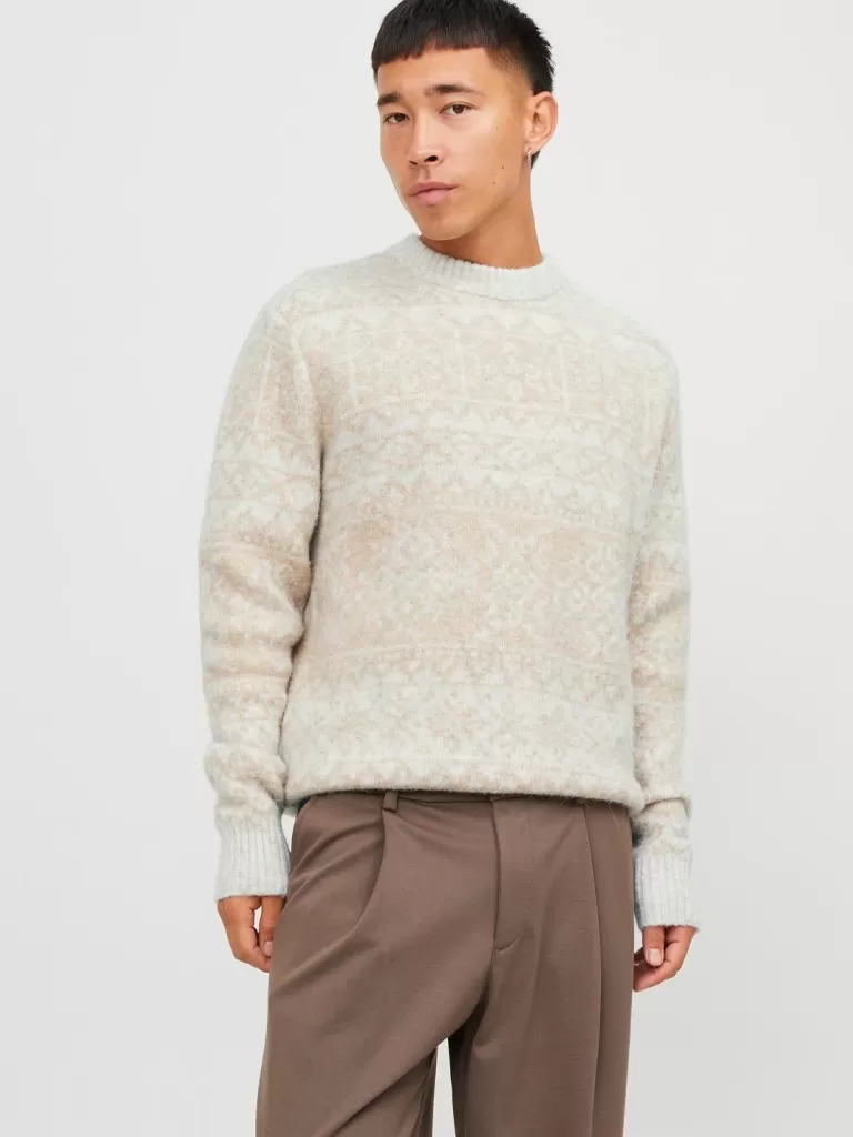 JACK & JONES Swetry^All Over Print Sweter wkładany przez głowę Beżowy