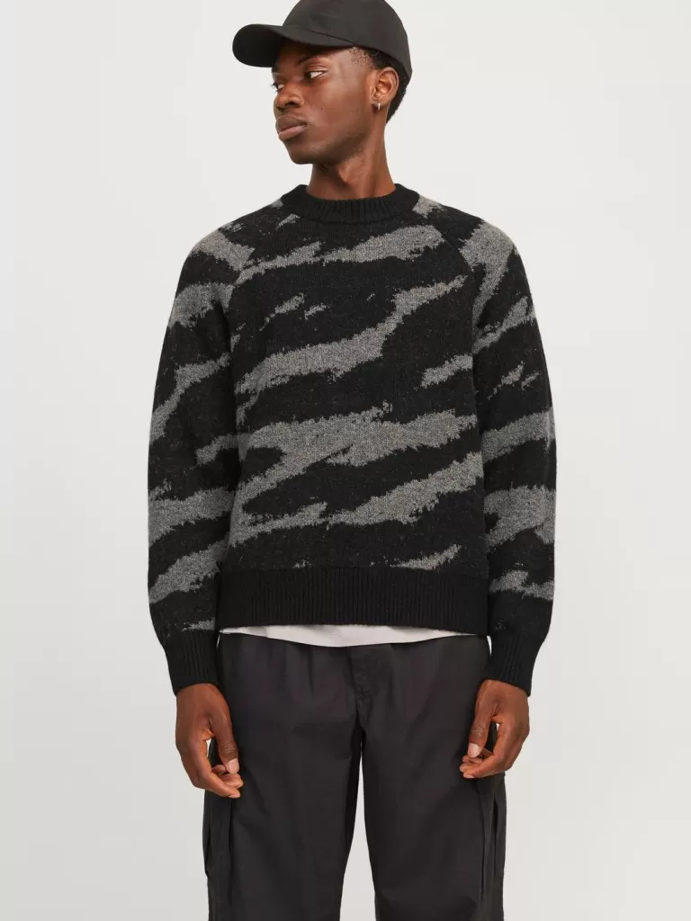 JACK & JONES Swetry^All Over Print Sweter wkładany przez głowę Szary