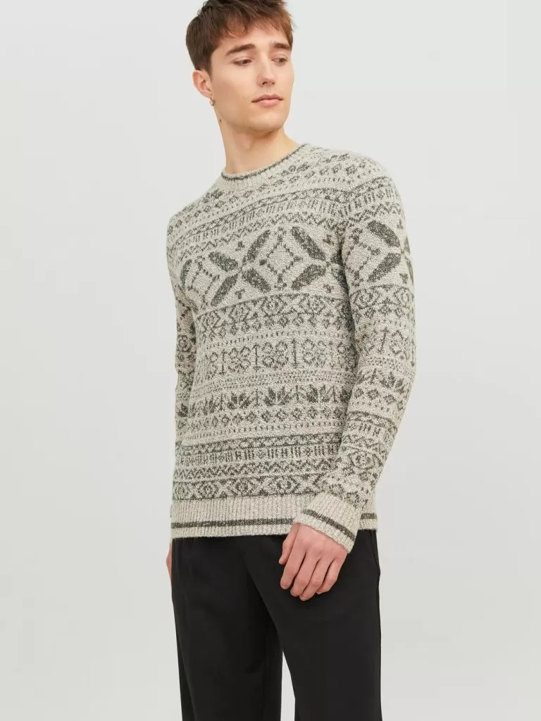 JACK & JONES Swetry^All Over Print Sweter wkładany przez głowę Beżowy