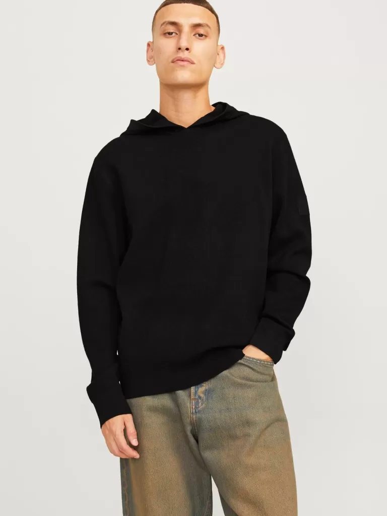 JACK & JONES Swetry^Gładki Bluza z kapturem Czarny