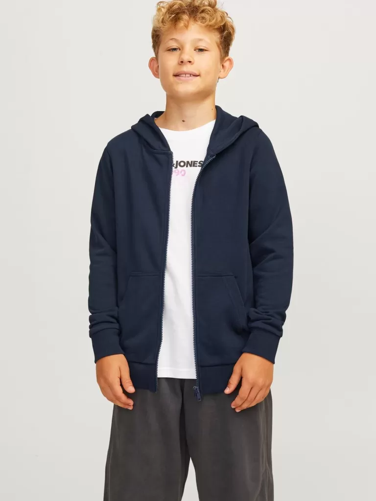 JACK & JONES Bluzy^Gładki Bluza z kapturem zapinana na suwak Junior Niebieski