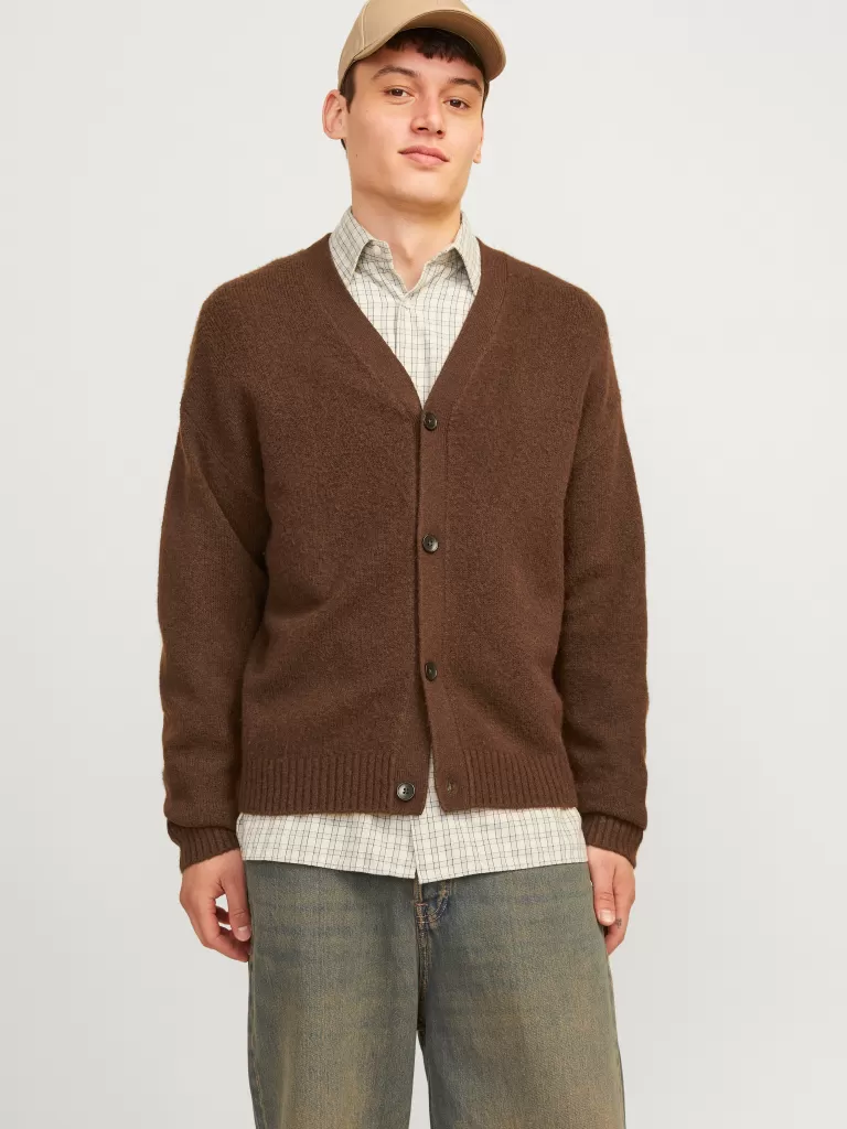JACK & JONES Swetry^Gładki Kardigan Brązowy