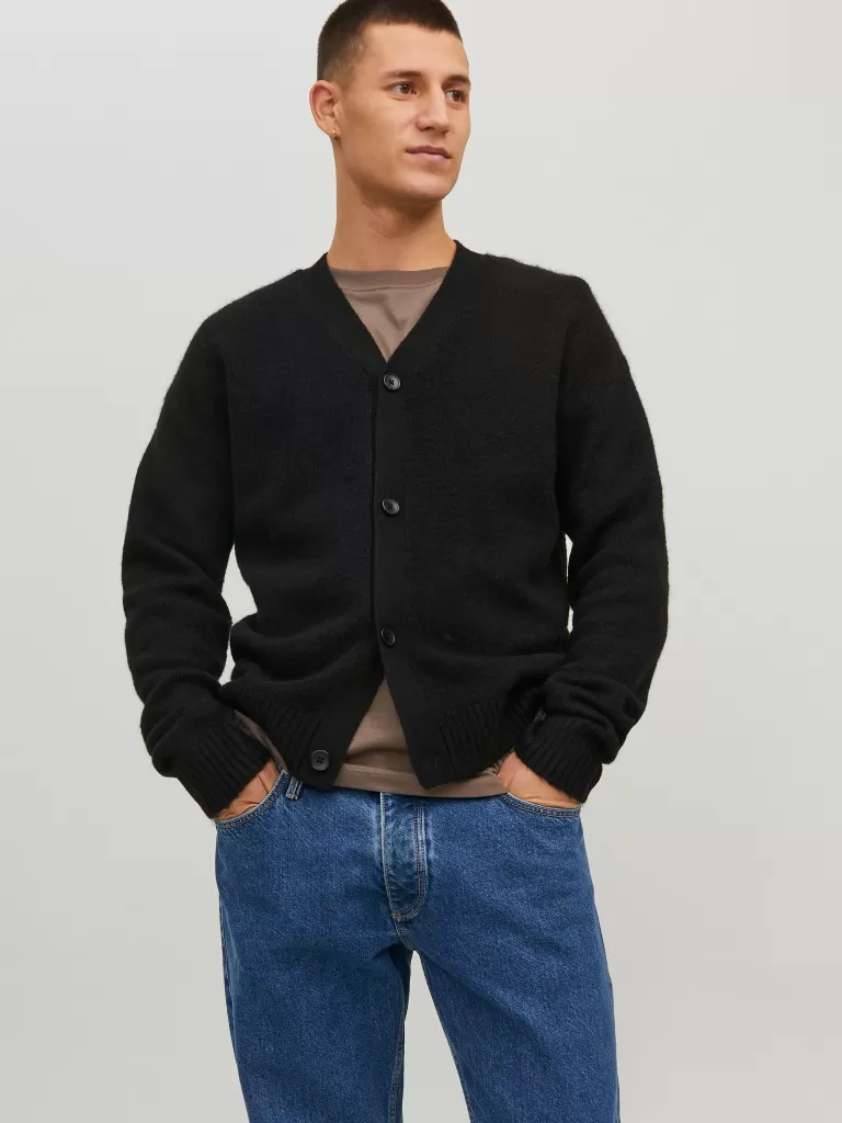 JACK & JONES Swetry^Gładki Kardigan Czarny