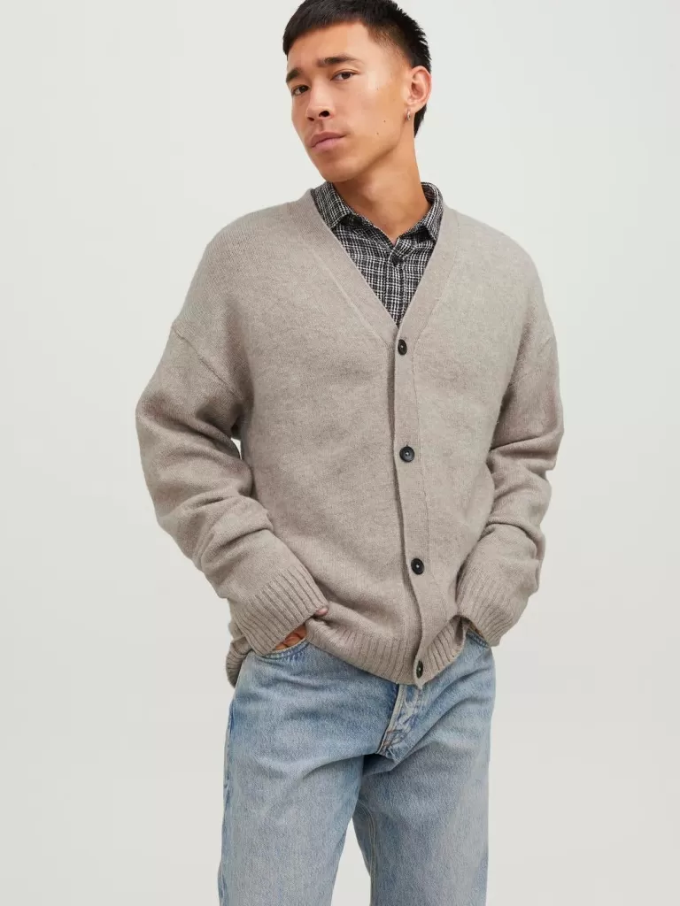 JACK & JONES Swetry^Gładki Kardigan Szary
