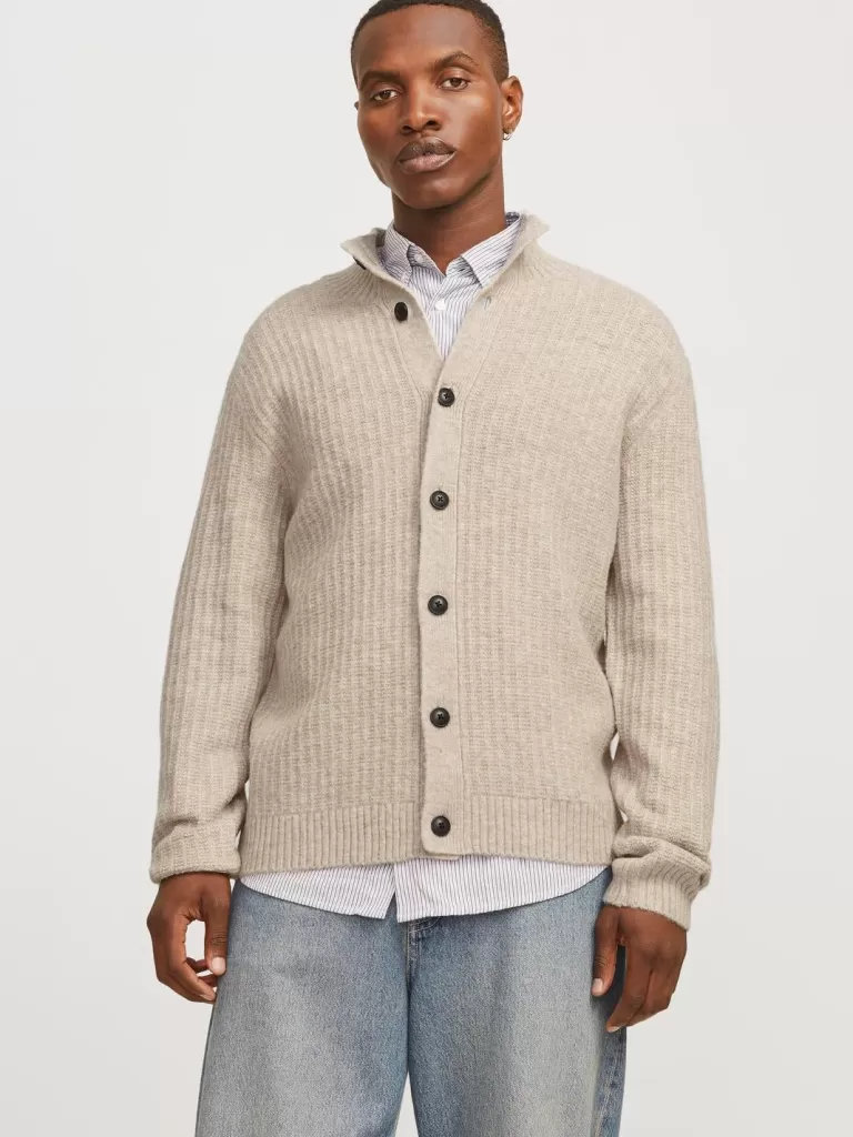JACK & JONES Swetry^Gładki Kardigan Beżowy