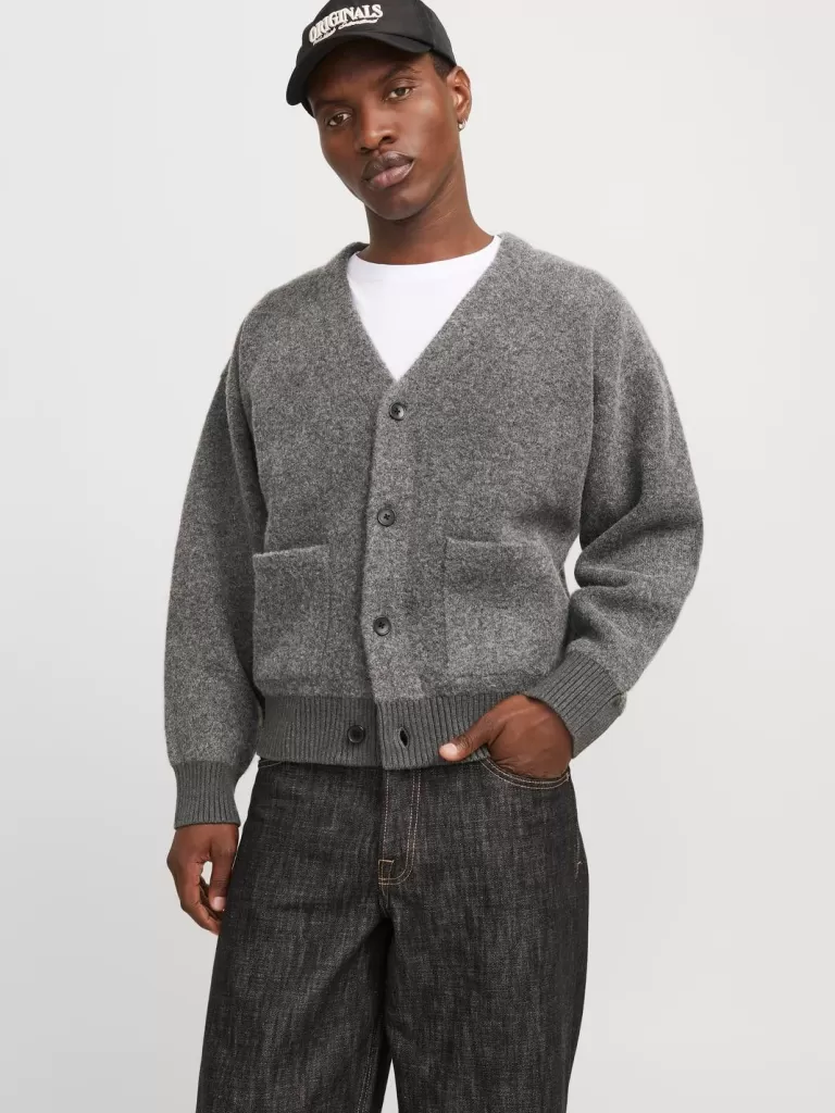 JACK & JONES Swetry^Gładki Kardigan Szary