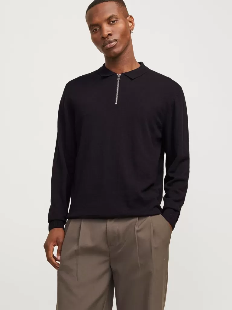 JACK & JONES Swetry^Gładki Koszula polo Czarny