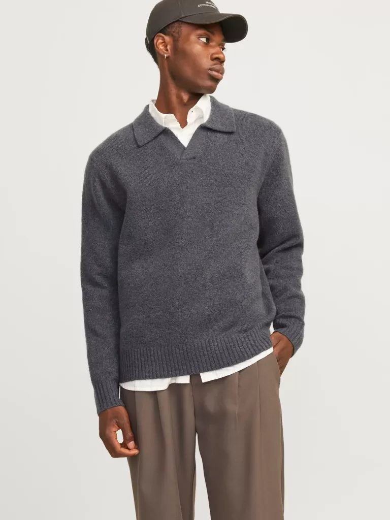 JACK & JONES Swetry^Gładki Koszula polo Szary