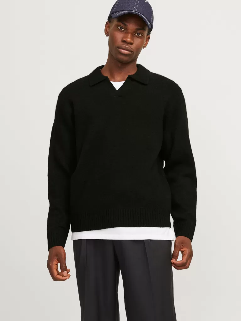 JACK & JONES Swetry^Gładki Koszula polo Czarny