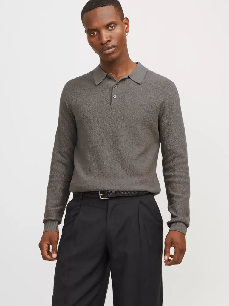 JACK & JONES Swetry^Gładki Koszula polo Szary