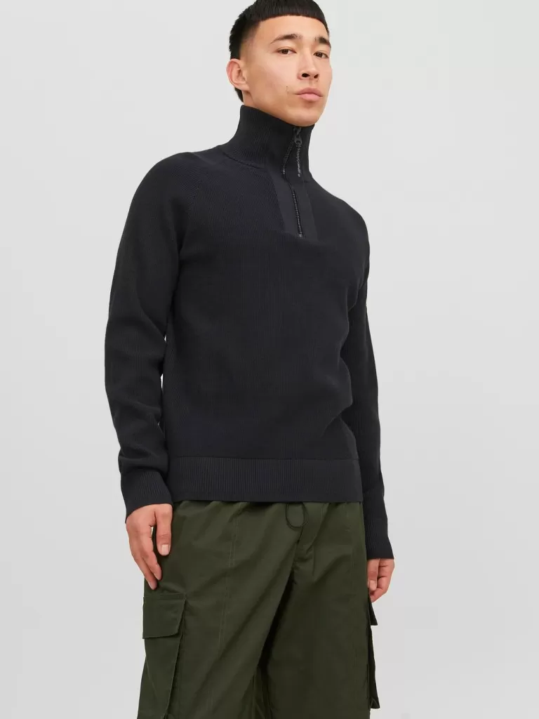 JACK & JONES Swetry^Gładki Krótki suwak Czarny