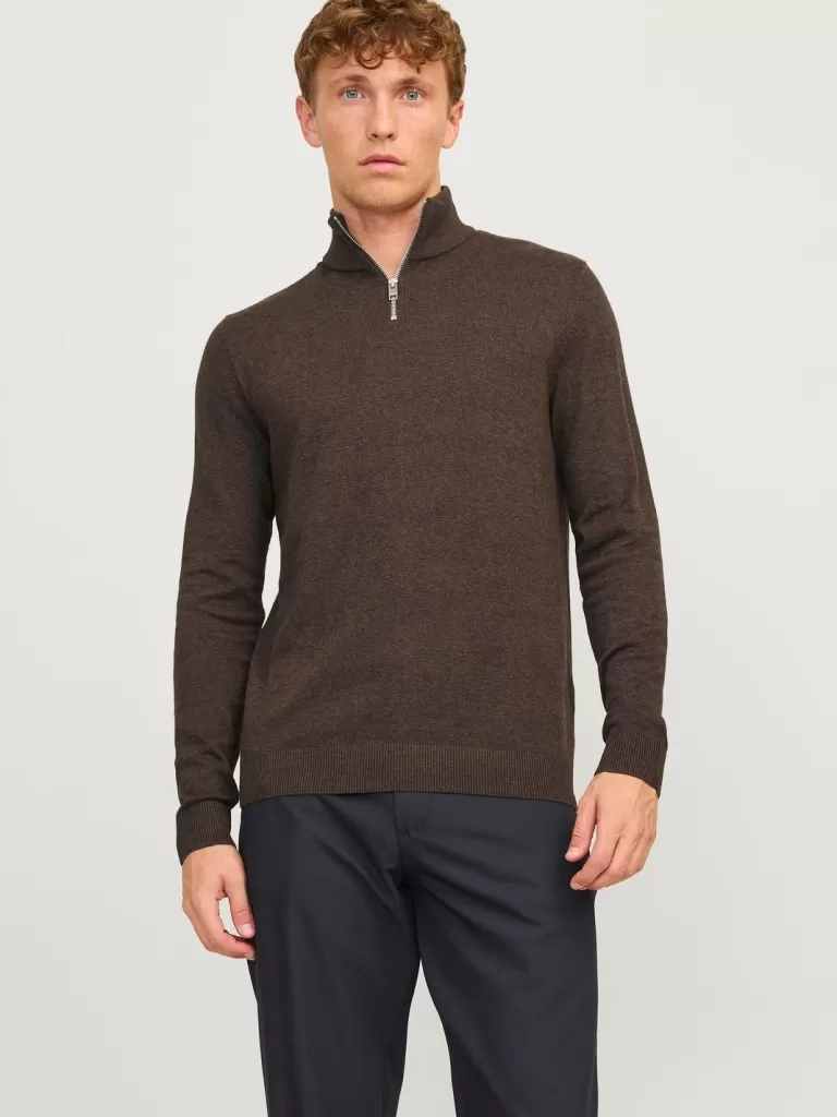 JACK & JONES Swetry^Gładki Krótki suwak Brązowy
