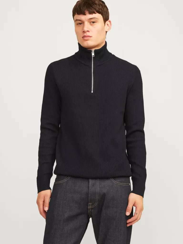 JACK & JONES Swetry^Gładki Krótki suwak Czarny
