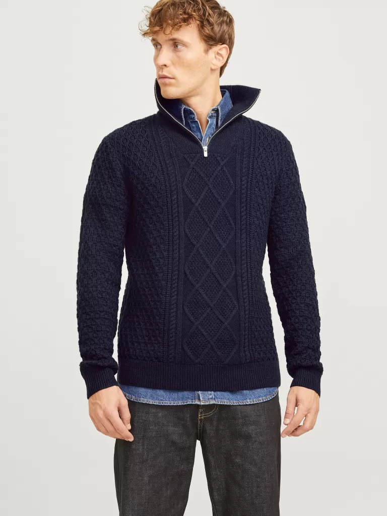 JACK & JONES Swetry^Gładki Krótki suwak Niebieski