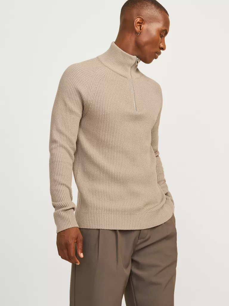 JACK & JONES Swetry^Gładki Krótki suwak Beżowy