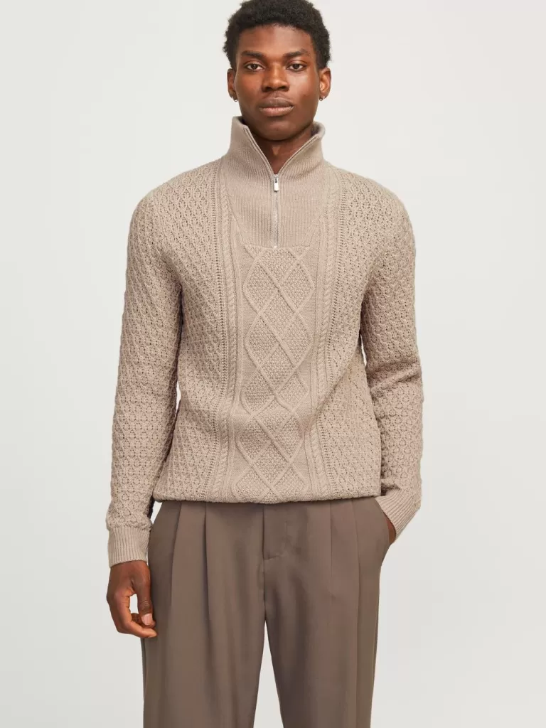 JACK & JONES Swetry^Gładki Krótki suwak Beżowy
