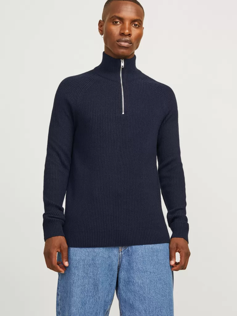 JACK & JONES Swetry^Gładki Krótki suwak Niebieski