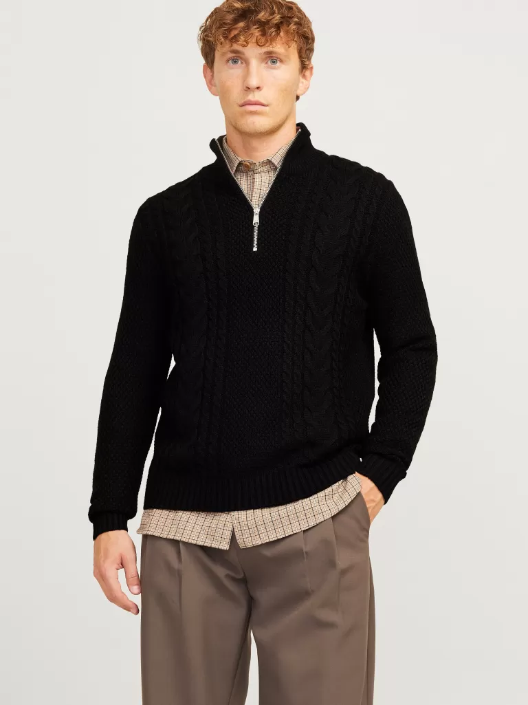 JACK & JONES Swetry^Gładki Krótki suwak Czarny