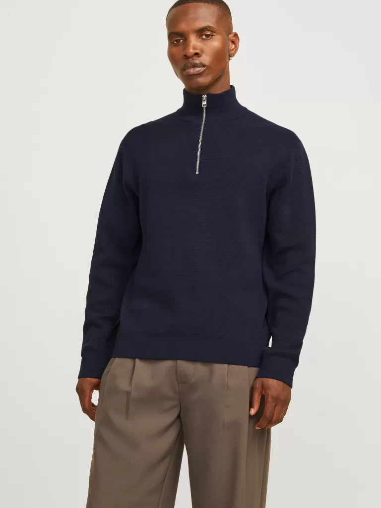 JACK & JONES Swetry^Gładki Krótki suwak Niebieski