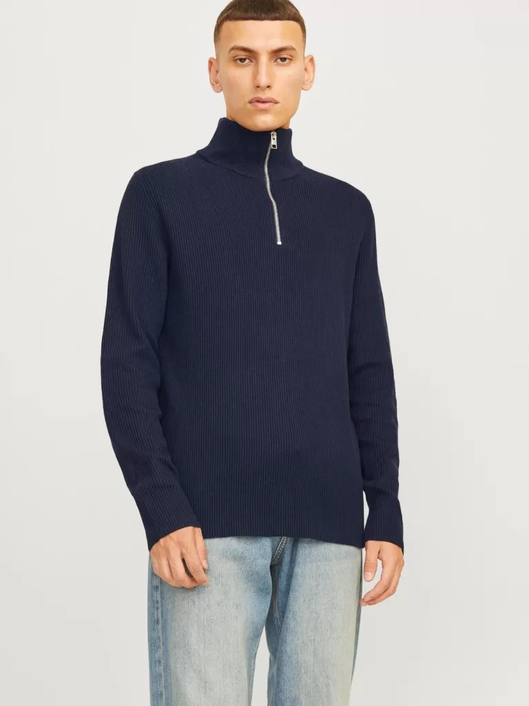 JACK & JONES Swetry^Gładki Krótki suwak Niebieski