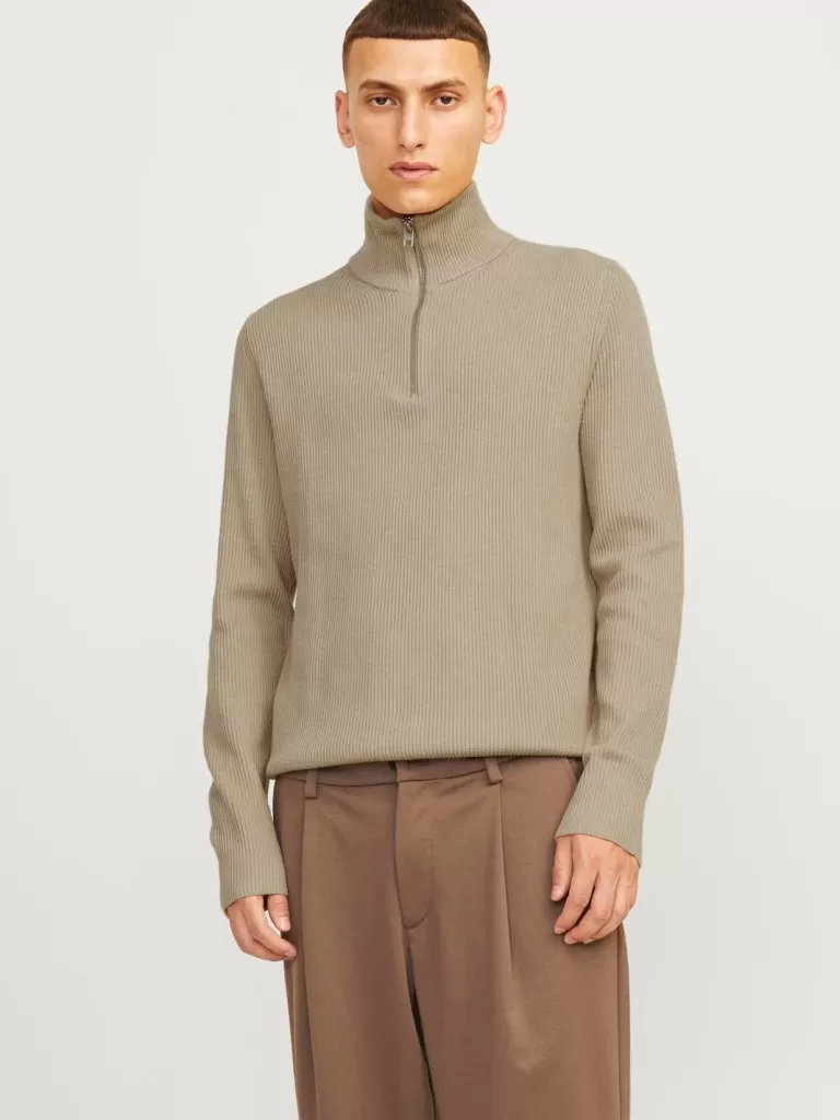 JACK & JONES Swetry^Gładki Krótki suwak Beżowy
