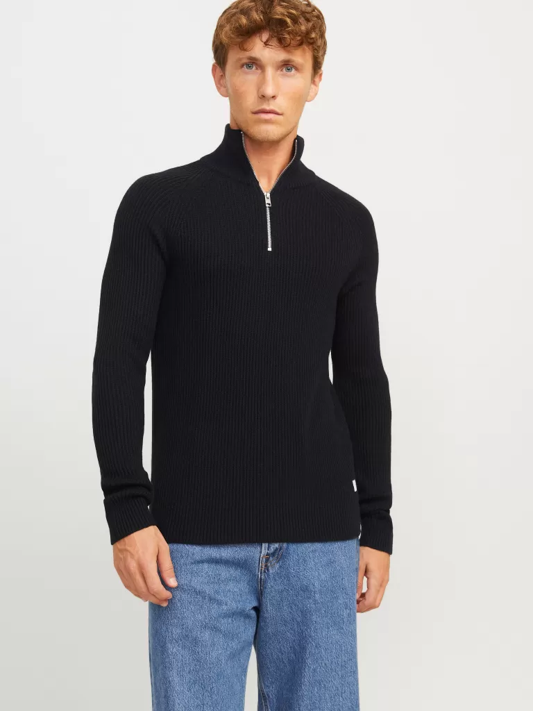 JACK & JONES Swetry^Gładki Krótki suwak Czarny