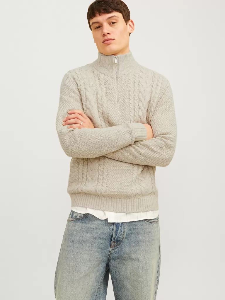 JACK & JONES Swetry^Gładki Krótki suwak Beżowy