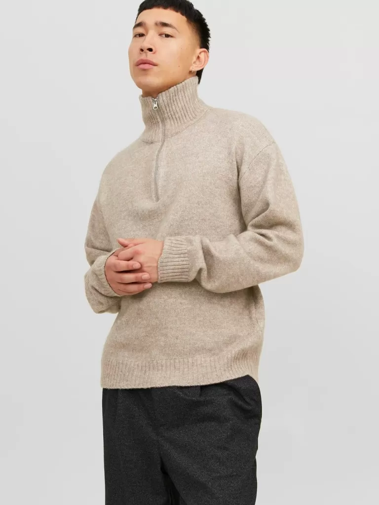 JACK & JONES Swetry^Gładki Krótki suwak Beżowy