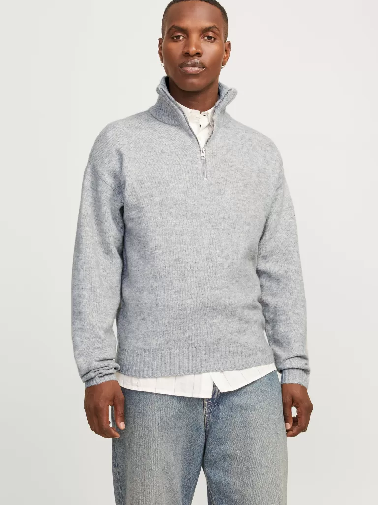 JACK & JONES Swetry^Gładki Krótki suwak Szary