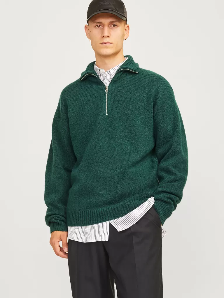 JACK & JONES Swetry^Gładki Krótki suwak Zielony