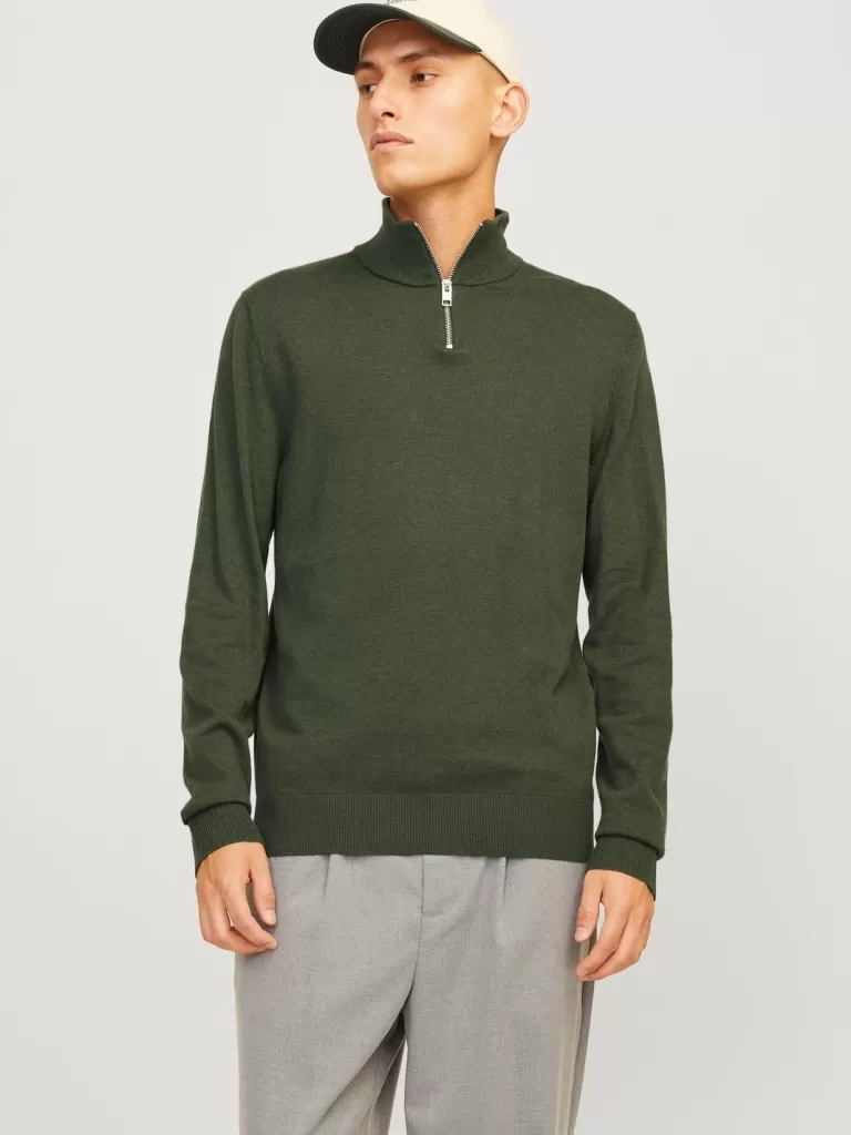 JACK & JONES Swetry^Gładki Krótki suwak Zielony