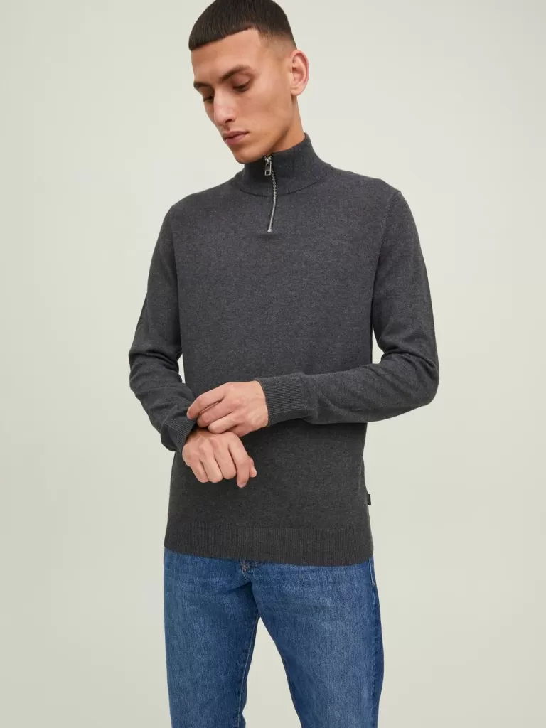 JACK & JONES Swetry^Gładki Krótki suwak Szary