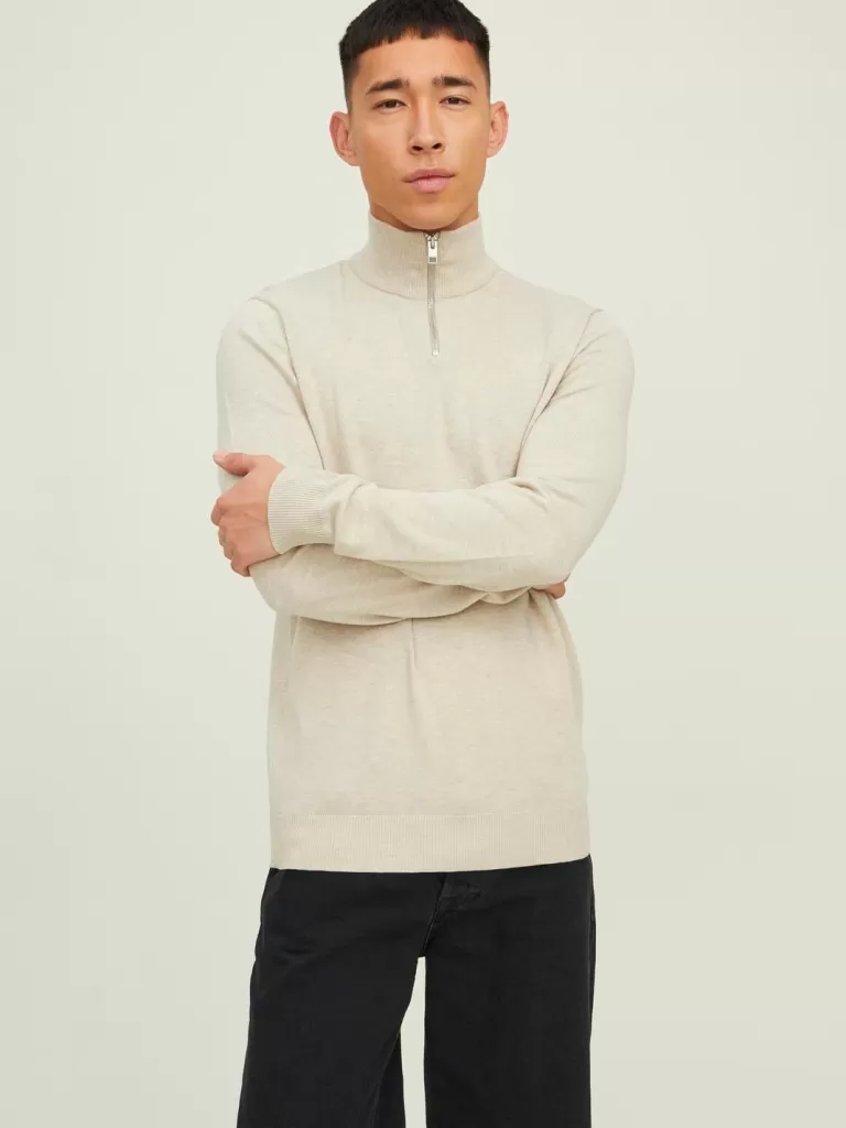 JACK & JONES Swetry^Gładki Krótki suwak Beżowy