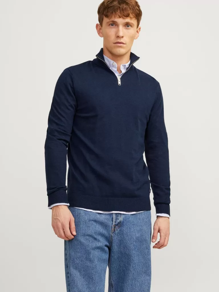 JACK & JONES Swetry^Gładki Krótki suwak Niebieski