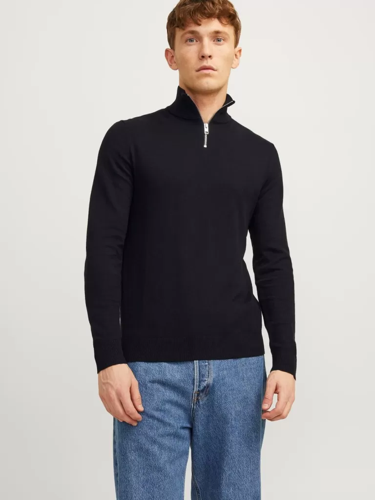 JACK & JONES Swetry^Gładki Krótki suwak Czarny