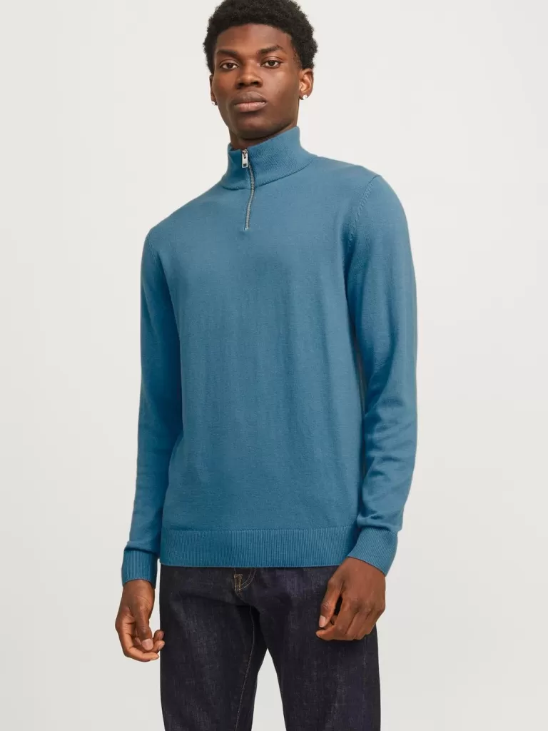 JACK & JONES Swetry^Gładki Krótki suwak Niebieski