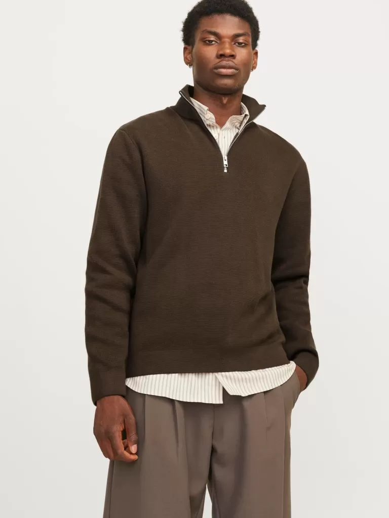 JACK & JONES Swetry^Gładki Krótki suwak Brązowy