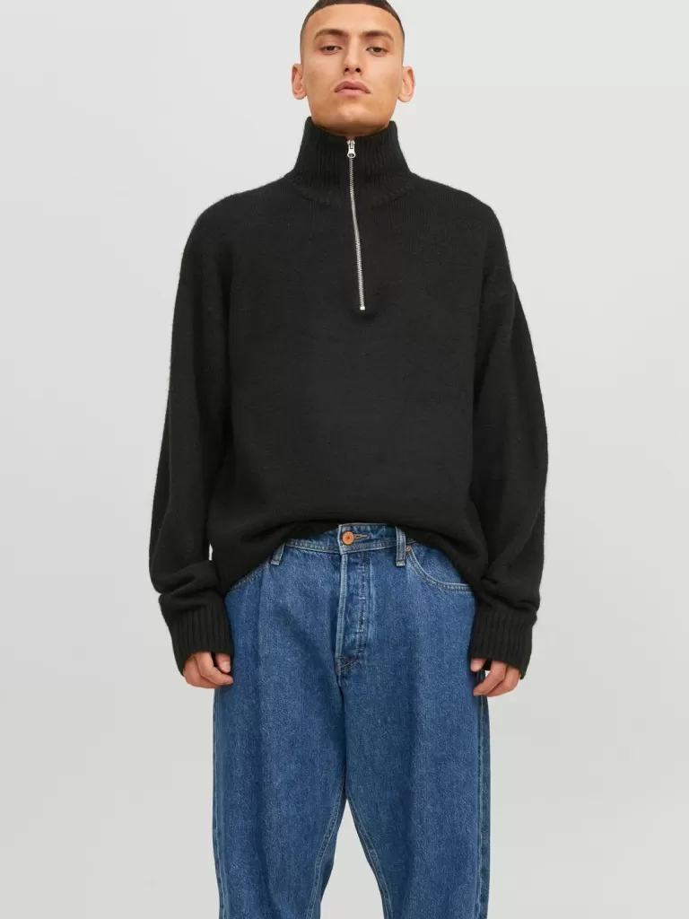 JACK & JONES Swetry^Gładki Krótki suwak Czarny