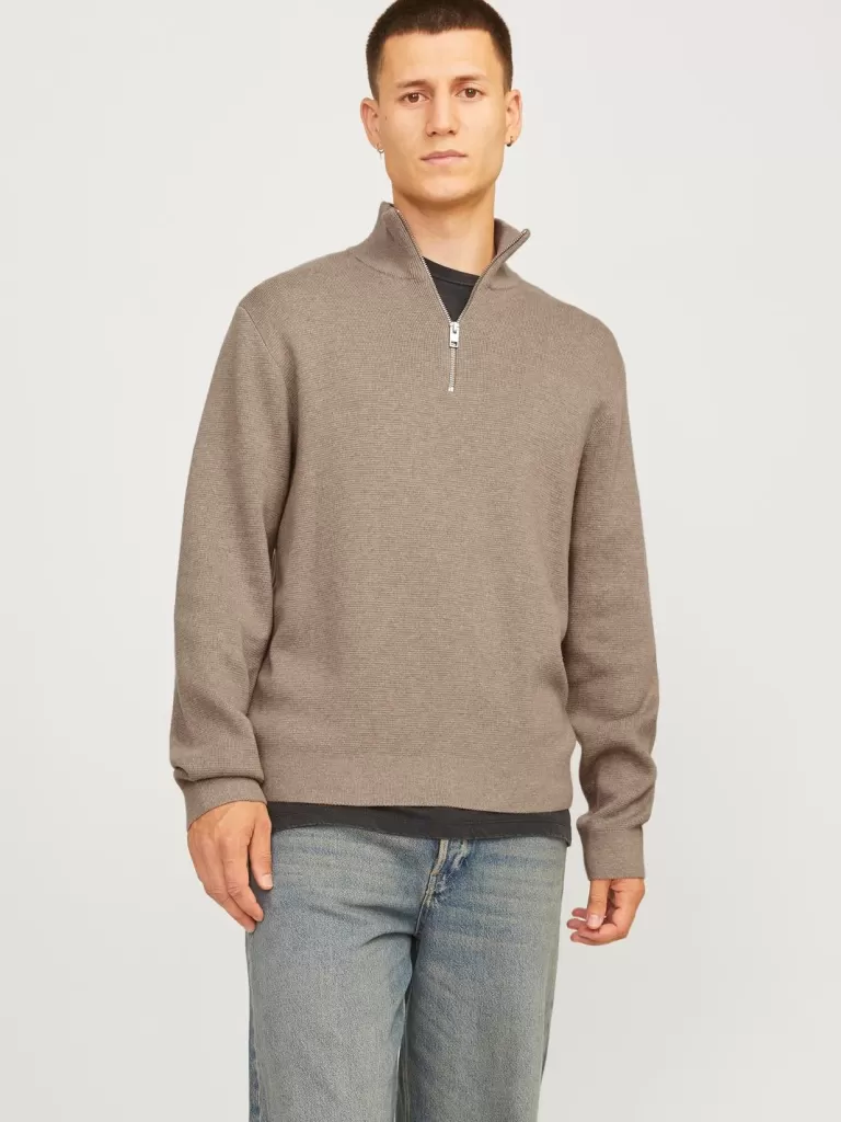 JACK & JONES Swetry^Gładki Krótki suwak Beżowy