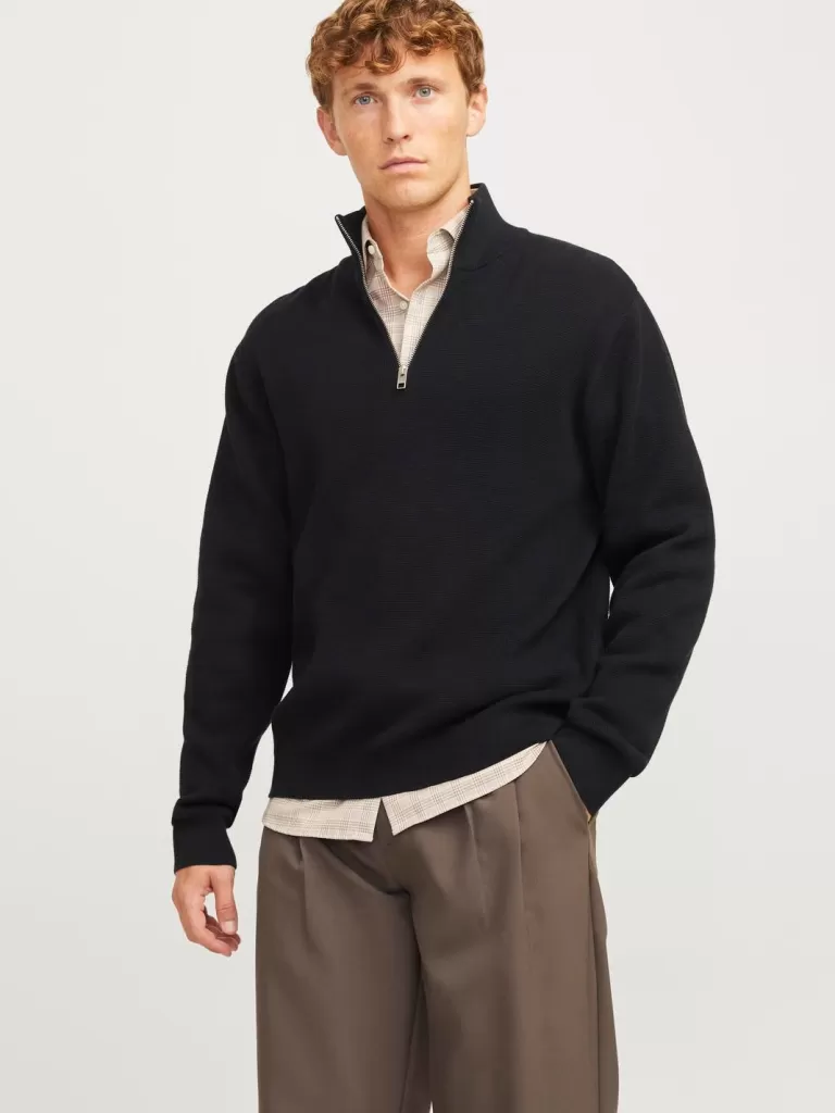 JACK & JONES Swetry^Gładki Krótki suwak Czarny