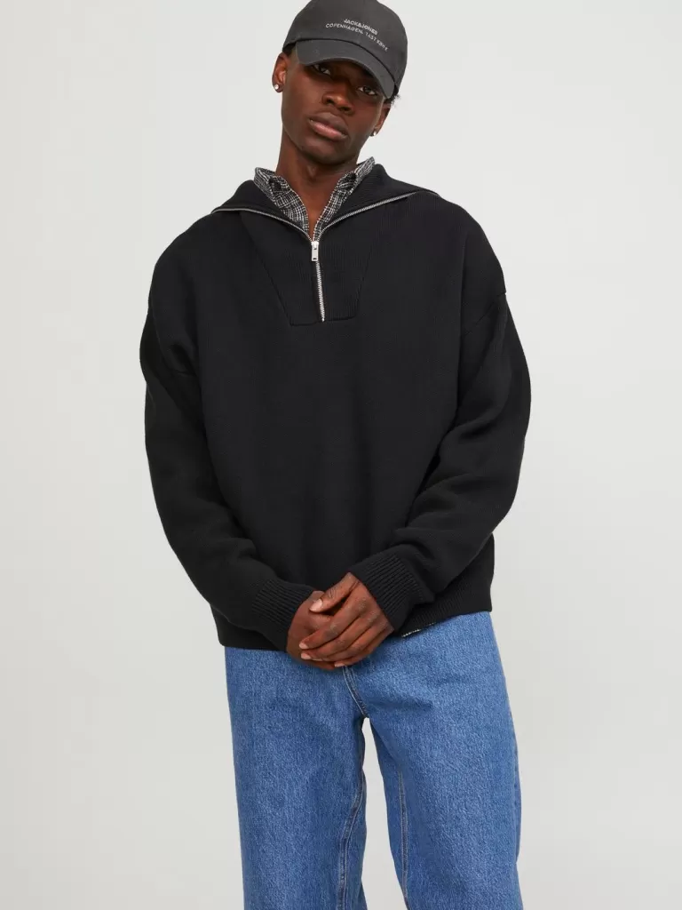 JACK & JONES Swetry^Gładki Krótki suwak Czarny