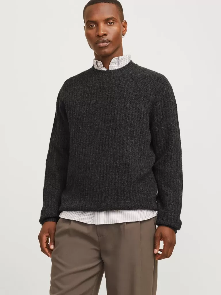 JACK & JONES Swetry^Gładki Sweter wkładany przez głowę Szary