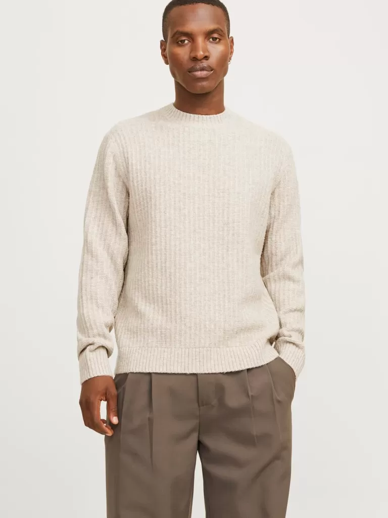 JACK & JONES Swetry^Gładki Sweter wkładany przez głowę Beżowy