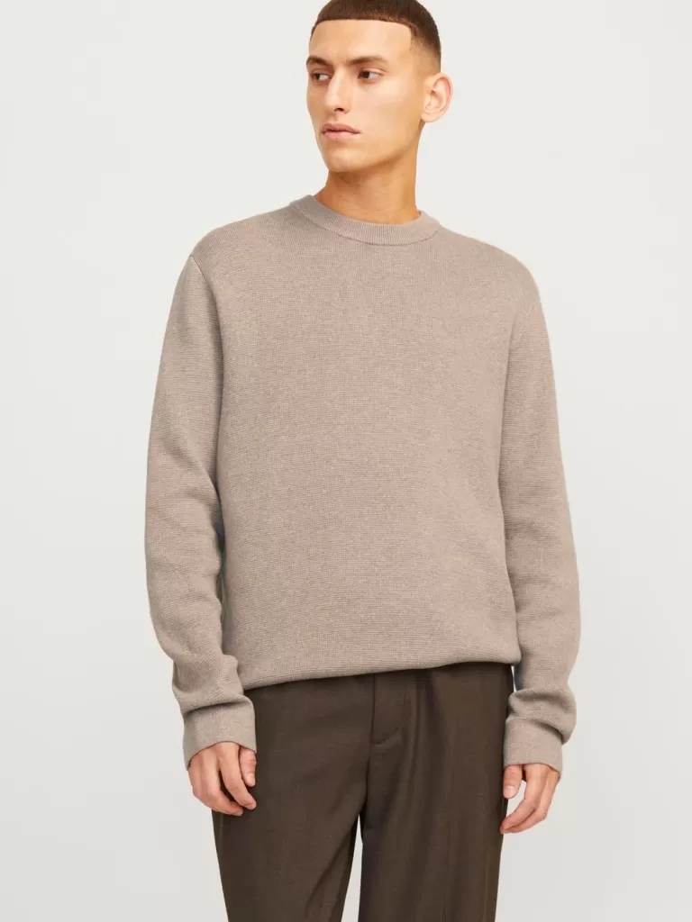 JACK & JONES Swetry^Gładki Sweter wkładany przez głowę Beżowy