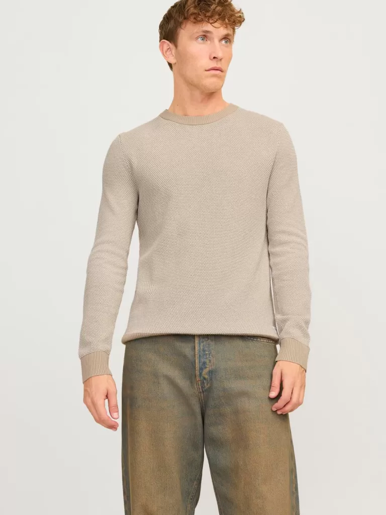 JACK & JONES Swetry^Gładki Sweter wkładany przez głowę Beżowy
