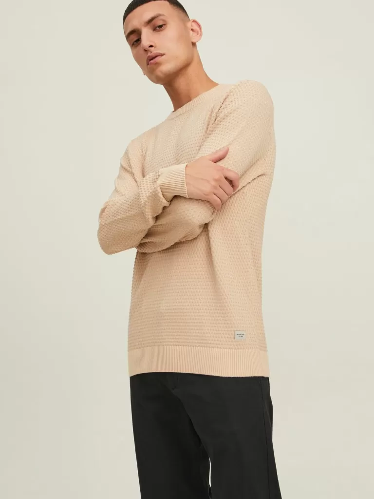 JACK & JONES Swetry^Gładki Sweter wkładany przez głowę Beżowy