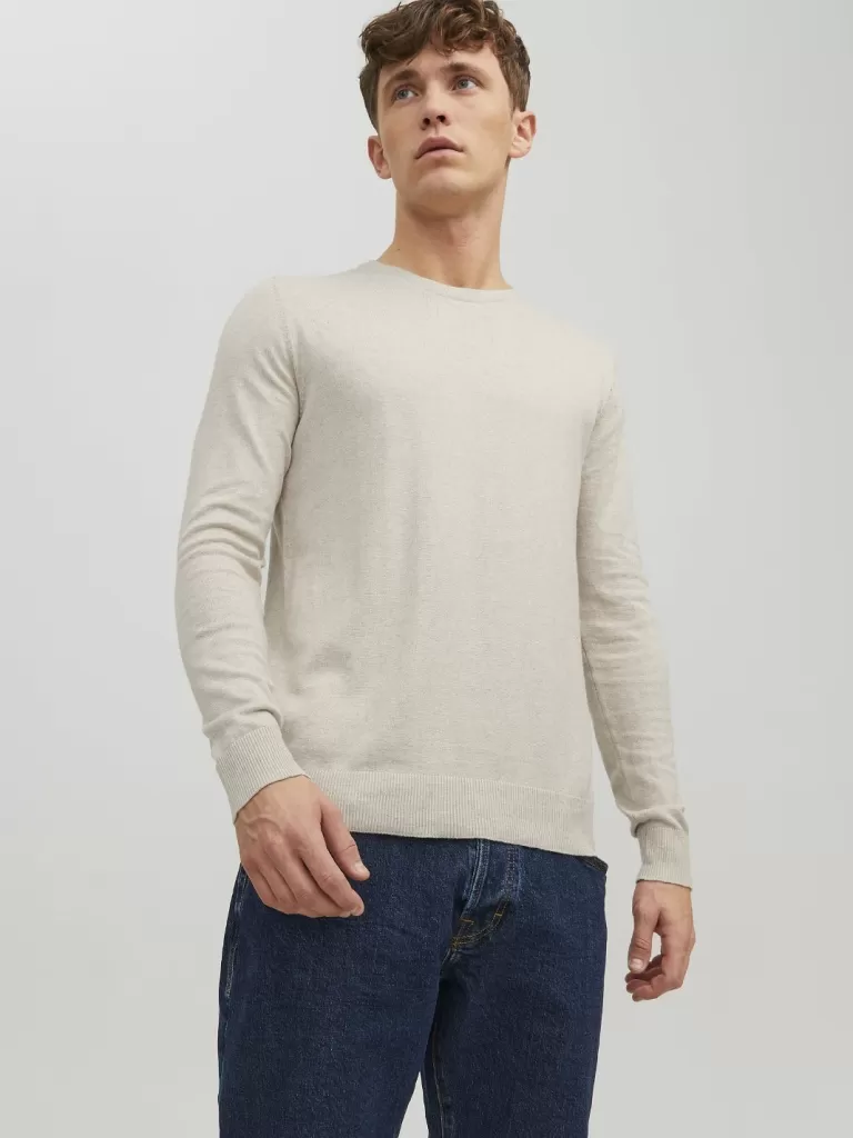 JACK & JONES Swetry^Gładki Sweter wkładany przez głowę Beżowy